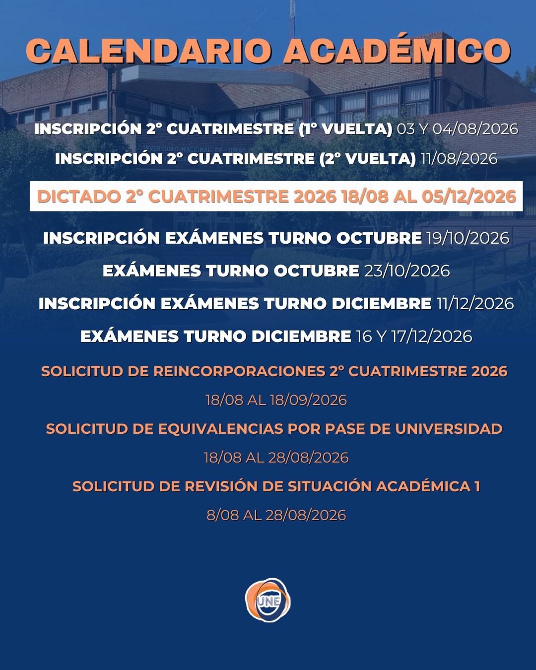 Calendario académico 2026 — segundo cuatrimestre